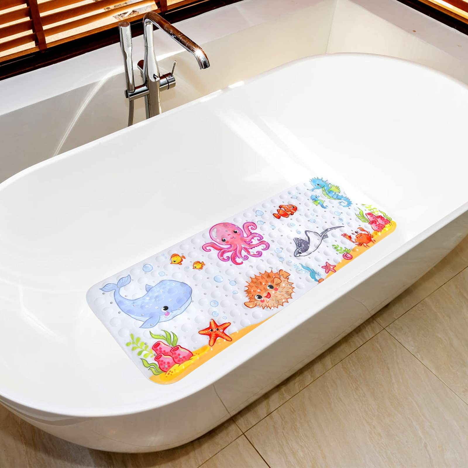 Secopad Kids Bath Mat for Tub Non Slip  40 X 16 Inch Large Cartoon Octopus Anti Slip Toddler Baby Bath Mat  Right Drain